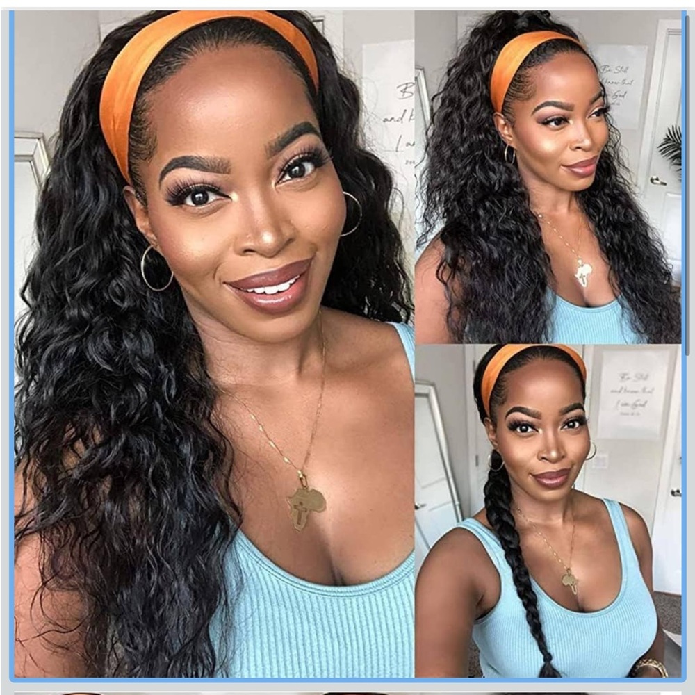 Black Wavy Hair Wig with Orange Headband